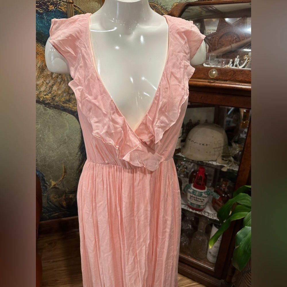 NWT  PALE PINK Maxi Dress Faux Wrap top Ruffled W/Tassel Belt Flowy Skirt - Picture 2 of 10